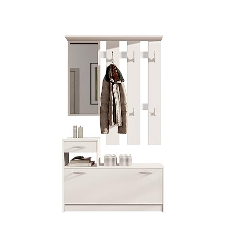 Vera Garderobe mit Spiegel weiß matt - Kompaktgarderobe, Dielenschrank, Flurschrank - 100 x 190 x 26 cm (B/H/T)