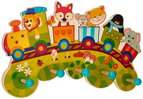 Hess Holzspielzeug 30296 - Garderobe aus Holz, Serie Eisenbahn, mit 5 Haken, für Kinder, ca. 37 x 23 x 6,5 cm groß, handgefertigt, als Blickfang in jedem Kinderzimmer und Flur