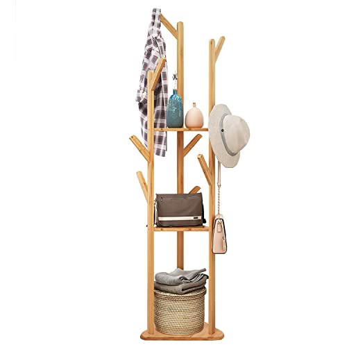 unho Bambus Kleiderständer Garderobenständer in Baumform mit 8 Haken/3 Ablagen Standgarderobe für Flur Büro Schlafzimmer Wartezimmer,für Kleidung Hüte Tasche