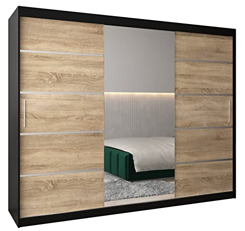 MEBLE KRYSPOL Verona 2 250 Schlafzimmerschrank mit DREI Schiebetüren, Spiegel, Kleiderstange und Regalen – 250x200x62cm - Mattschwarz + Sonoma
